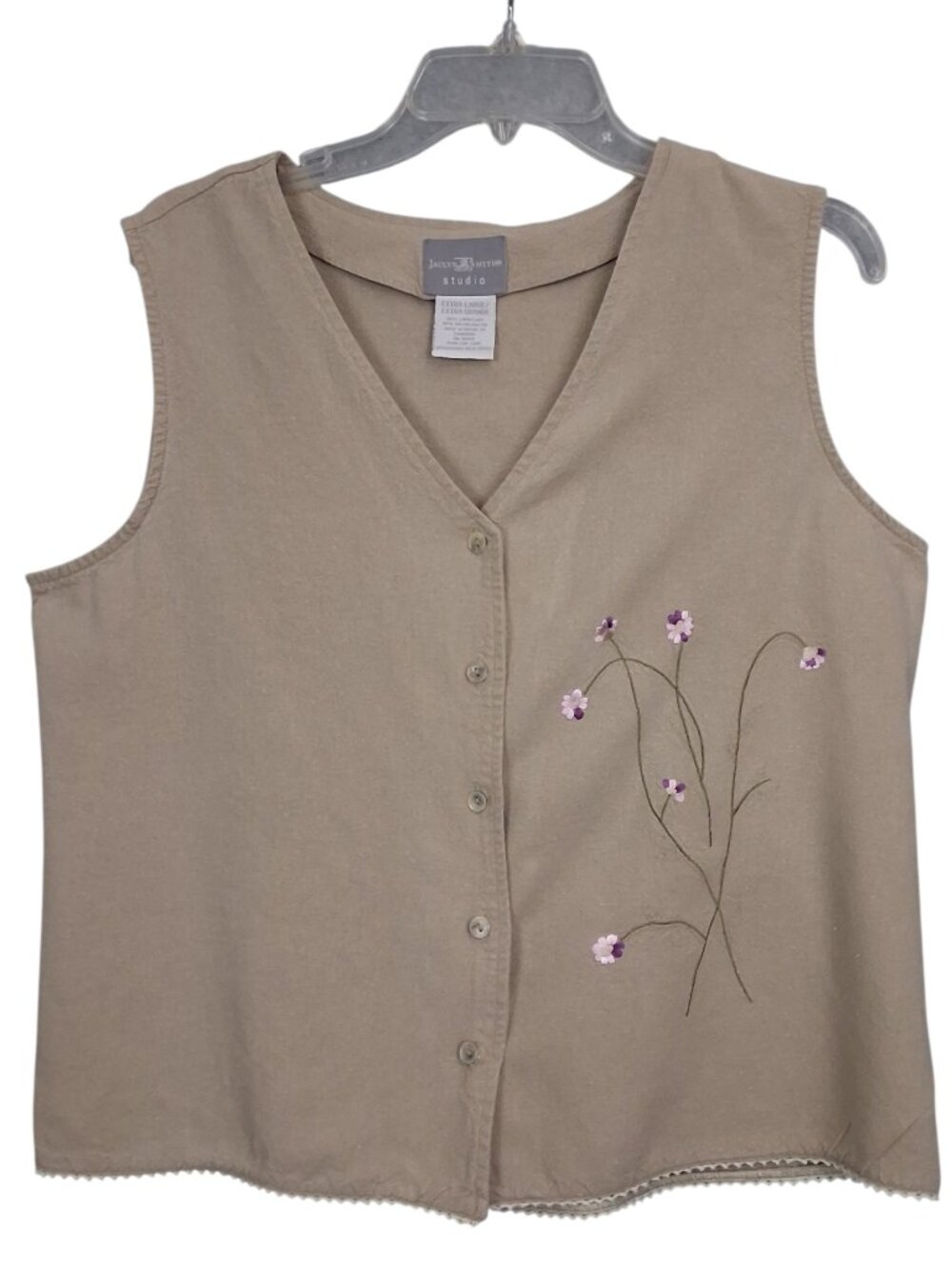 Vintage Jaclyn Smith | Tan Sleeveless Linen Blend Embroidered Top | Size XL